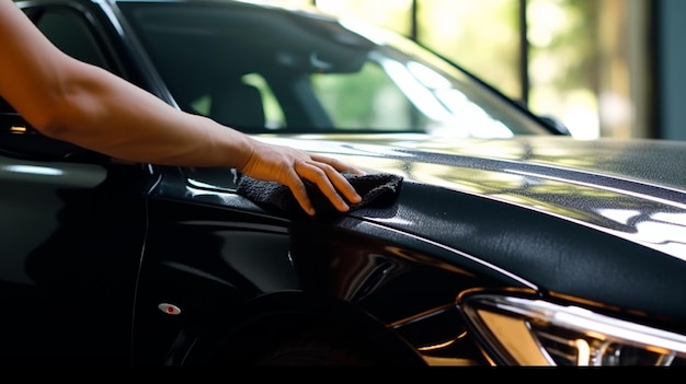 Un hombre limpiando un coche negro con un coche de tela de microfibra que detalla la IA generativa
