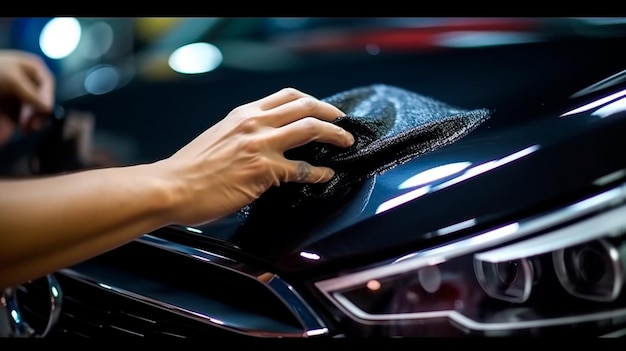 Un hombre limpiando un coche negro con un coche de tela de microfibra que detalla el ilustrador de IA generativa