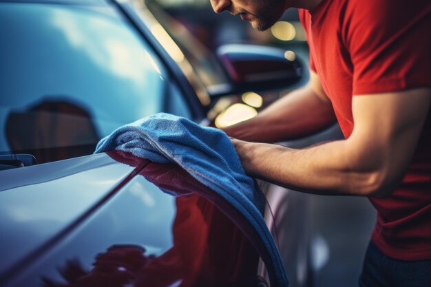 Foto hombre limpiando el coche con un paño