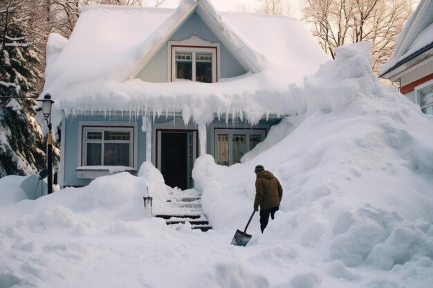 hombre limpiando la nieve con una pala frente a la casa persona limpiando nieve