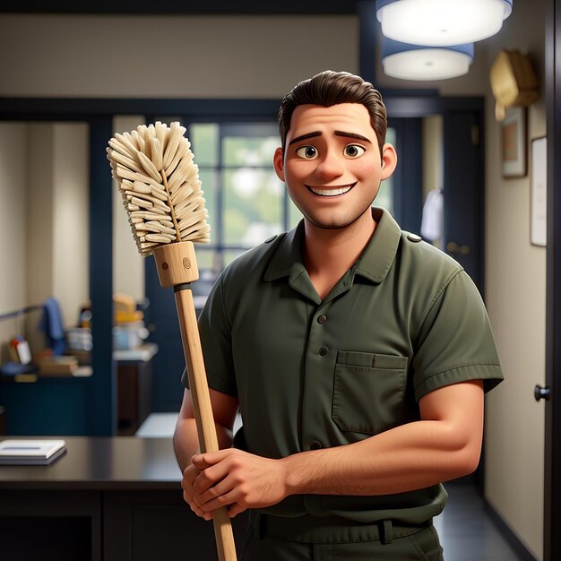 Hombre de limpieza en uniforme sosteniendo una escoba y sonriendo