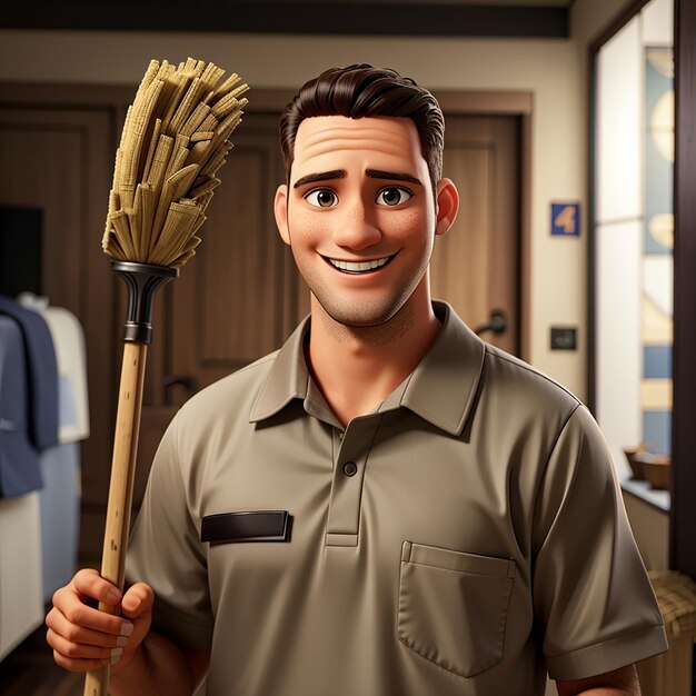Hombre de limpieza en uniforme sosteniendo una escoba y sonriendo