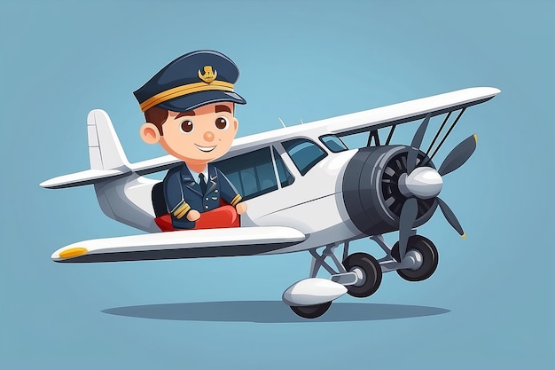 Hombre lindo piloto de vuelo con avión dibujos animados icono vectorial ilustración gente transporte aislado