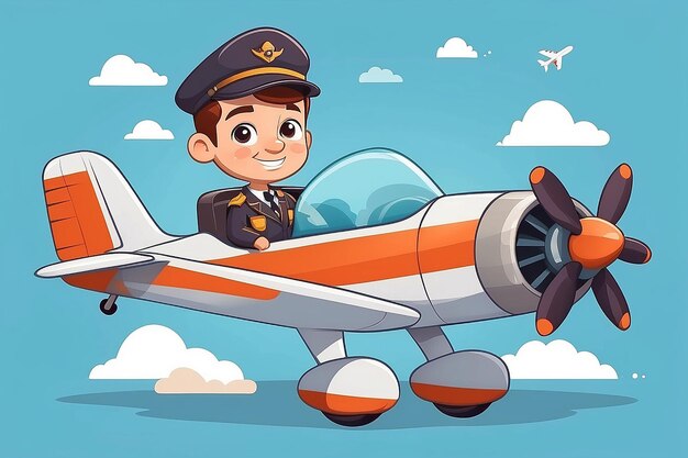 Hombre lindo piloto de vuelo con avión dibujos animados icono vectorial ilustración gente transporte aislado