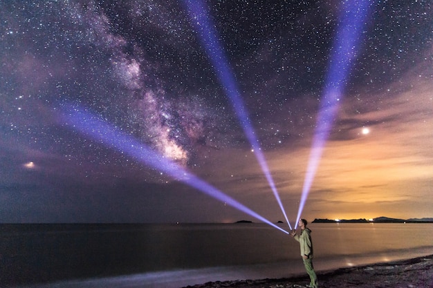 Hombre con linterna bajo el cielo estrellado y la vía láctea