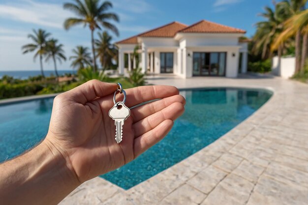 Foto hombre con la llave de la casa en la mano frente a la piscina con palmeras