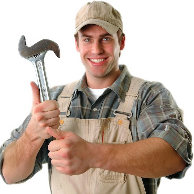 Hombre con llave inglesa levantando el pulgar