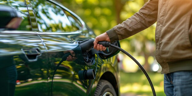 Foto un hombre llena su coche con combustible