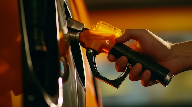 Hombre llena su coche naranja con una gasolina en la gasolinera bomba de la gasolinera para llenar el coche con combustible