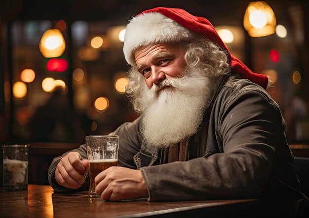El hombre lleva un sombrero de Papá Noel bebe cerveza en un bar