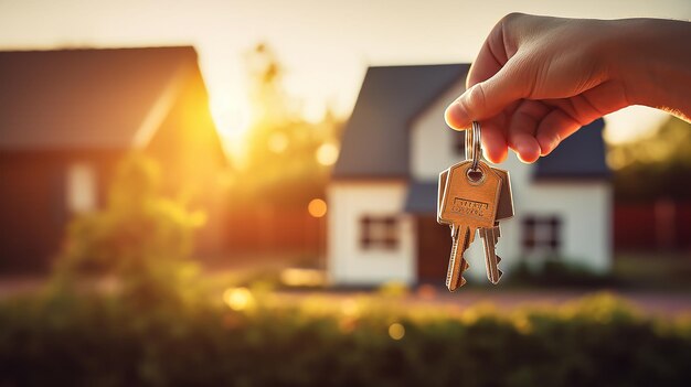 Un hombre llevaba la llave de la casa y una casa moderna borrosa en el fondo concepto de bienes raíces luz de día completo