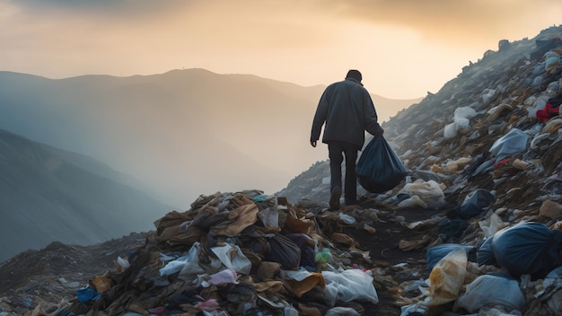 Hombre llevando una bolsa de basura en un vasto vertedero