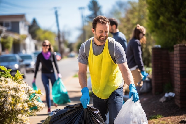 Foto un hombre llevando bolsas de basura por una calle