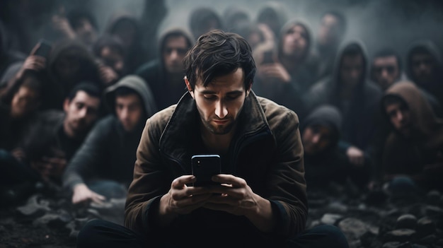 Hombre llora con su teléfono en la mano por perder la vida en las redes sociales en una multitud