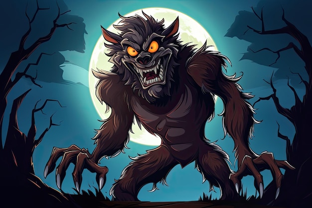 Un hombre lobo aterrador en el bosque con luna llena.