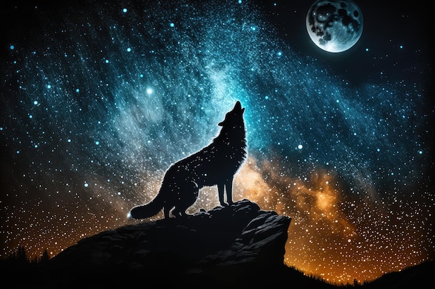 Hombre lobo aullando a la luna llena rodeado de estrellas creadas con IA generativa