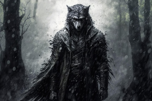 Hombre lobo macho con cabeza de lobo en un bosque de niebla oscura Ilustración generativa de IA