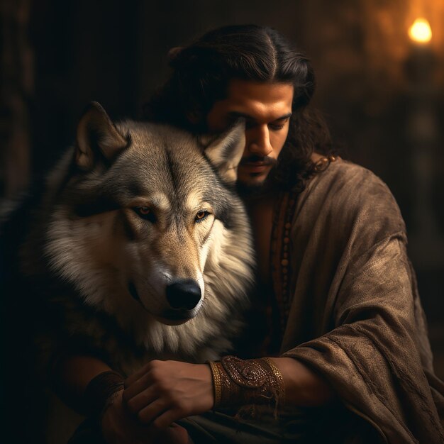 Foto un hombre con un lobo