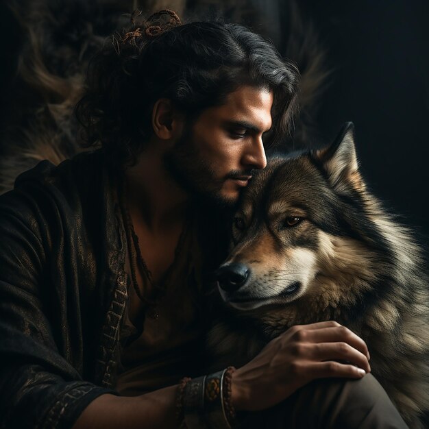 Foto un hombre con un lobo