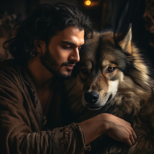 Foto un hombre y un lobo.