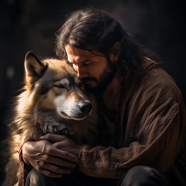 Foto un hombre con un lobo