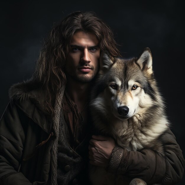 Foto un hombre con un lobo