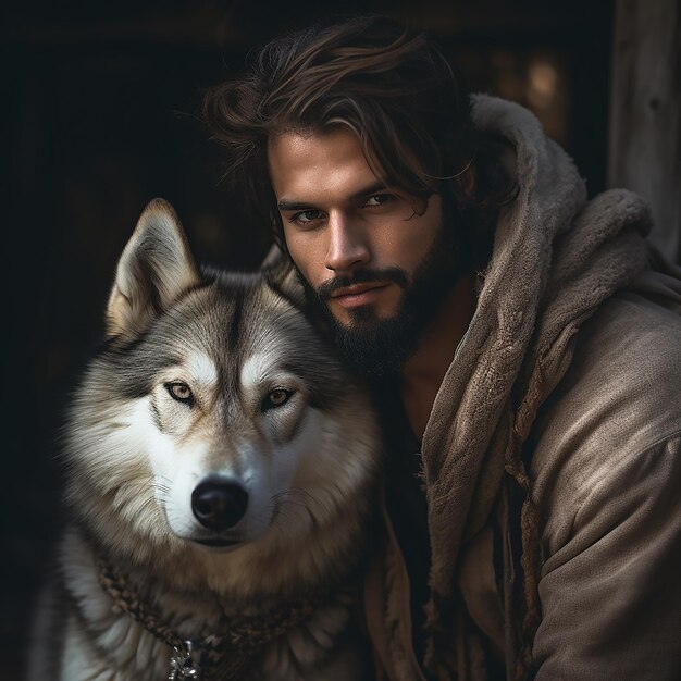 Un hombre con un lobo