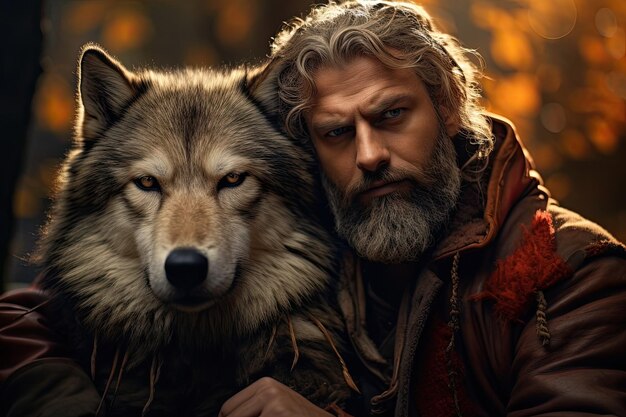 Foto un hombre con un lobo