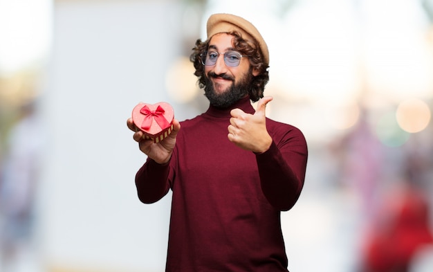 Hombre loco joven en el amor, concepto del día de tarjeta del día de San Valentín.