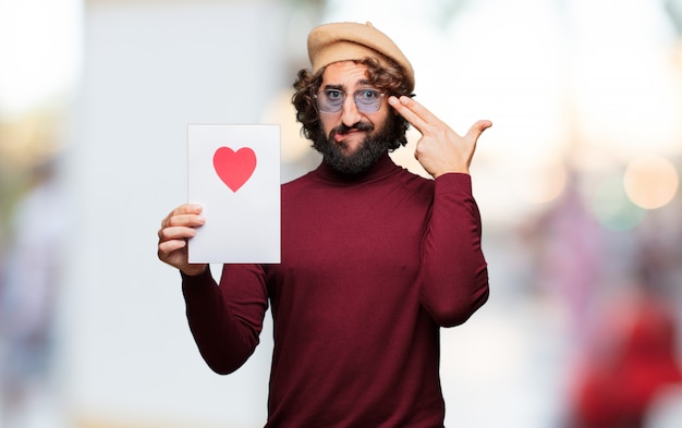 Hombre loco joven en el amor, concepto del día de tarjeta del día de San Valentín.