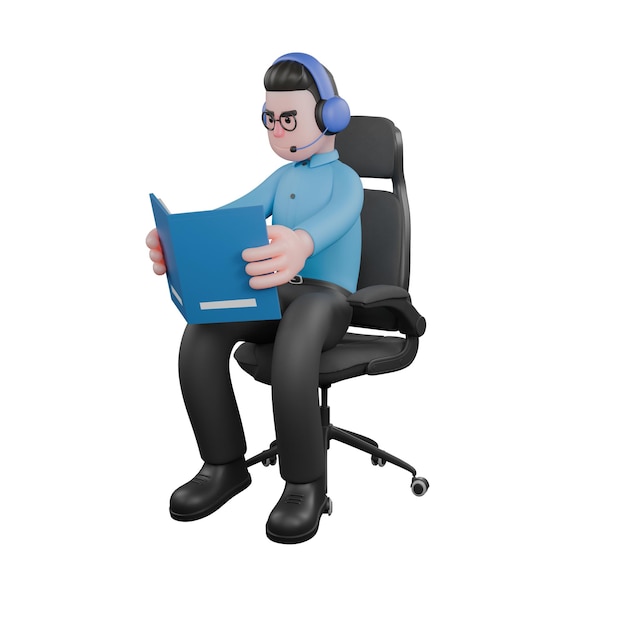 Un hombre locutor de radio está sentado mientras sostiene un libro mayor en ambas manos