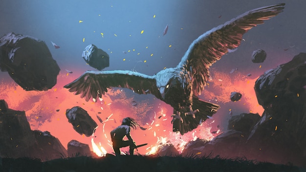 Un hombre luchando con un águila legendaria, estilo de arte digital, pintura de ilustración