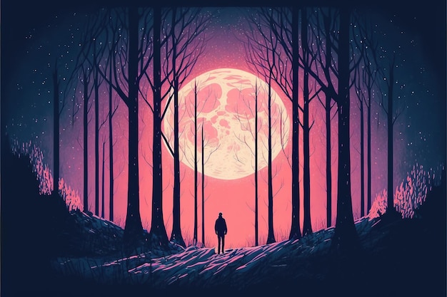 Hombre bajo la luna caminando en el bosque de invierno Hombre en el bosque de invierno mirando la luna creciente brillante Pintura de ilustración de estilo de arte digital