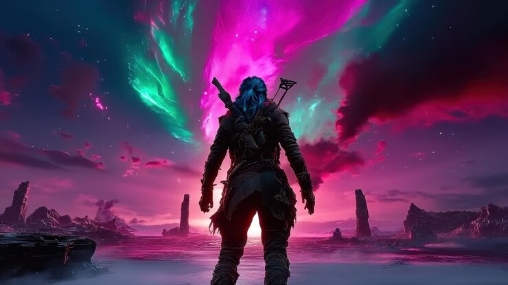 un hombre con un machete de pie frente a un cielo púrpura con la aurora boreal en el fondo