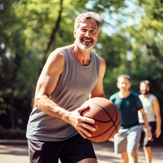 Hombre maduro jugando al baloncesto con amigos en el parque