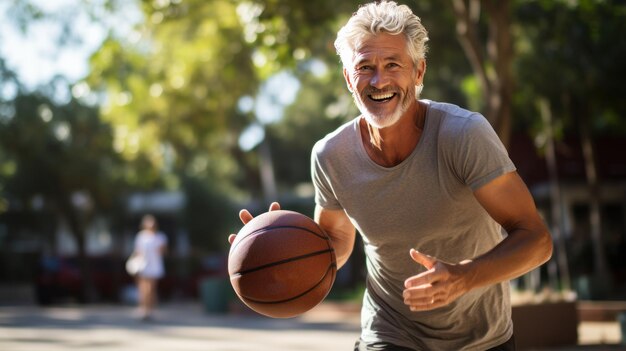 Foto hombre maduro jugando baloncesto con entusiasmo