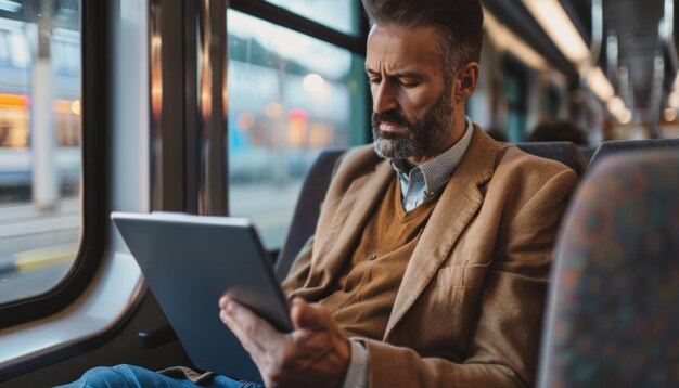 Hombre maduro leyendo en la tableta en el tren