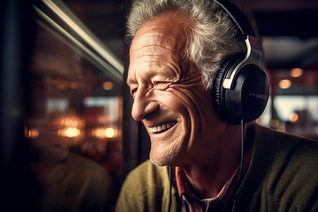 Hombre maduro sonríe escuchando con auriculares su canción favorita generada por Ai