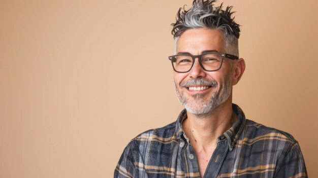 Hombre maduro sonriente con cabello gris elegante con gafas y una camisa a cuadros