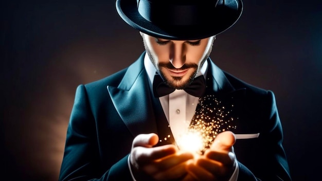 Foto hombre mago en traje negro y sombrero sostiene en sus manos un milagro brillante en la oscuridad