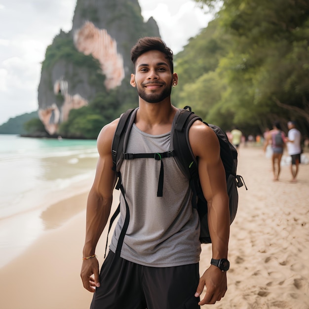 Hombre de Malasia vestido al estilo Athleisure en la playa de Railay