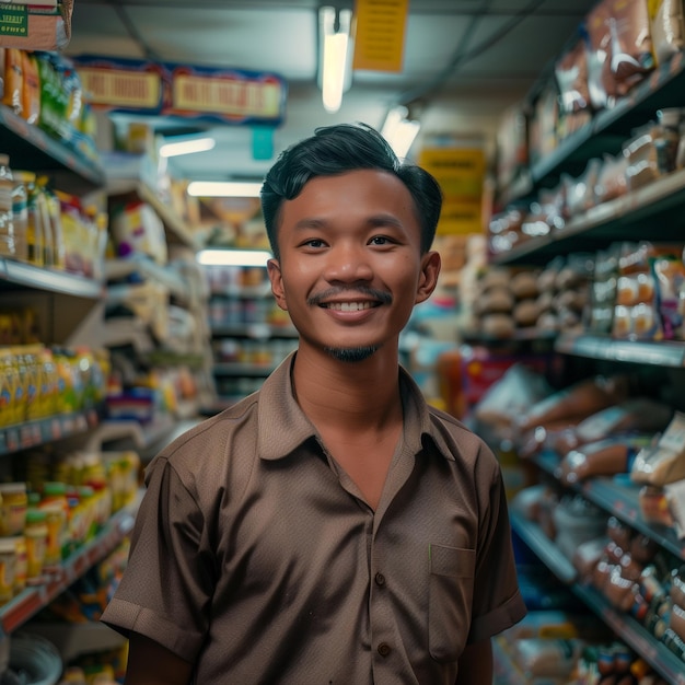 un hombre malayo está de pie en una tienda