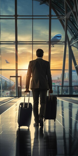 Foto un hombre con una maleta en el aeropuerto tema de viaje foto de alta calidad ia generativa