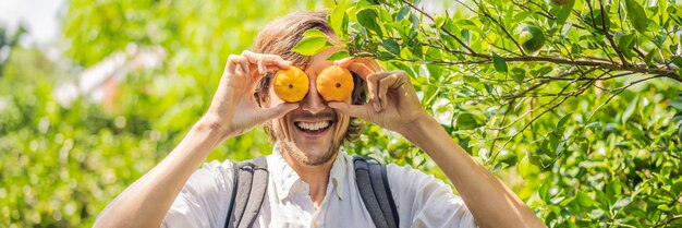 Hombre con manlarinas en una plantación de mandarinas banner formato largo