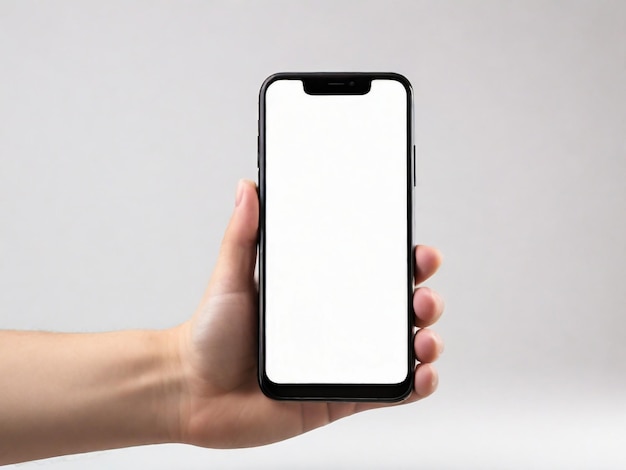 Hombre con la mano mostrando un teléfono inteligente con una maqueta de pantalla en blanco