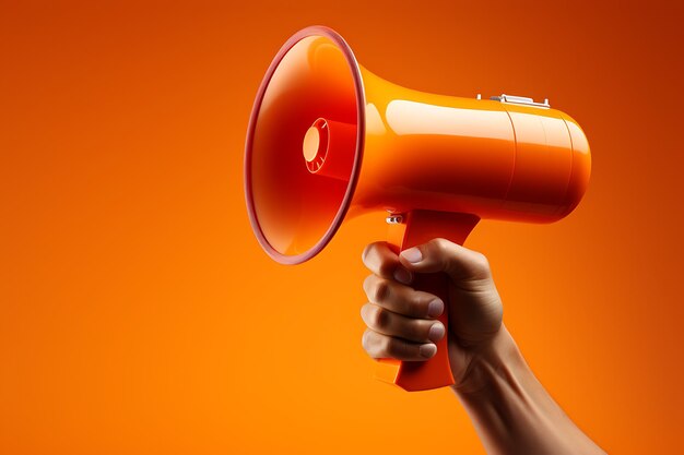 Foto hombre con la mano sosteniendo un megáfono en fondo naranja con espacio para copiar