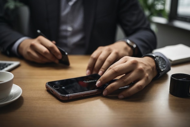 Hombre con la mano sosteniendo un teléfono inteligente móvil comunicaciones de red de tecnología digital en el escritorio