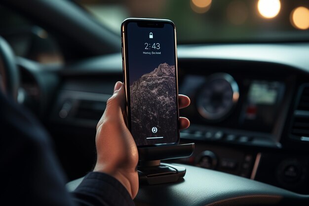 hombre con la mano sosteniendo el teléfono con el mapa de la ciudad en la pantalla mientras conduce un coche