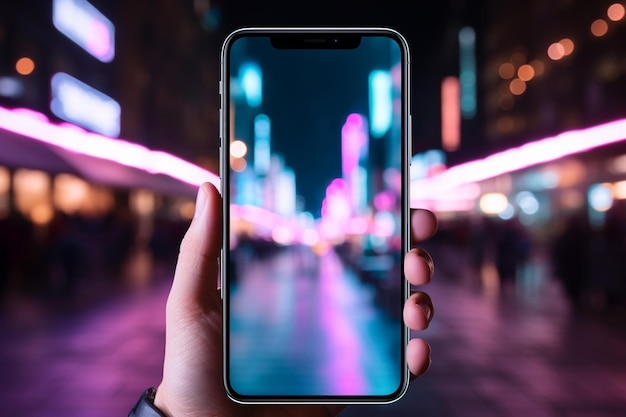 hombre con la mano sosteniendo un teléfono móvil con pantalla en blanco en el fondo borroso de la ciudad nocturna