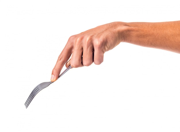 Foto hombre mano sosteniendo un tenedor aislado